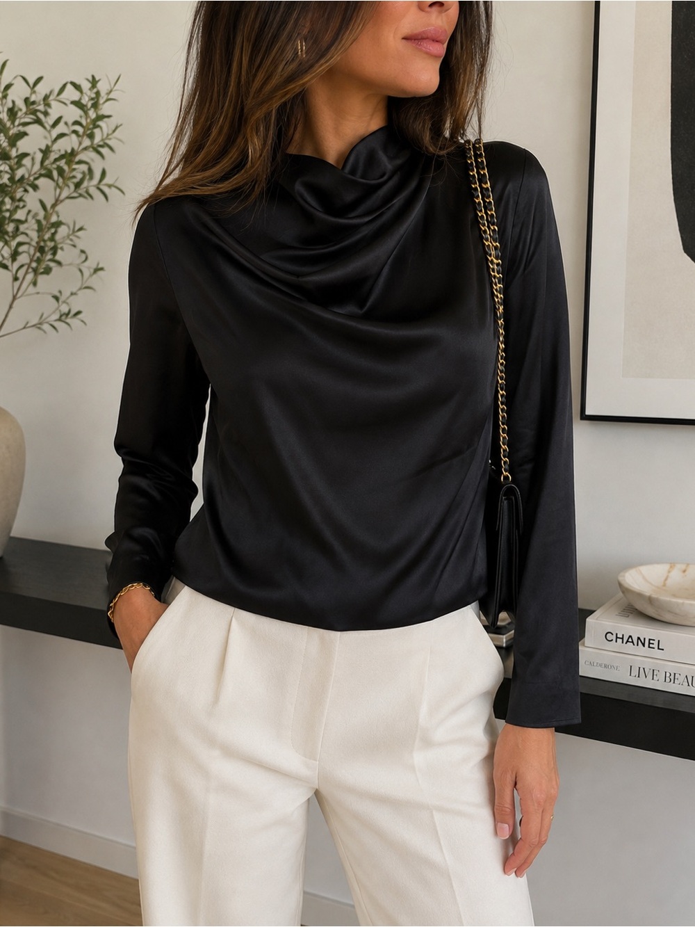 Favorite Daughter The L/S Alice Top Black Satin Draped Mock Neck NWT Size S
